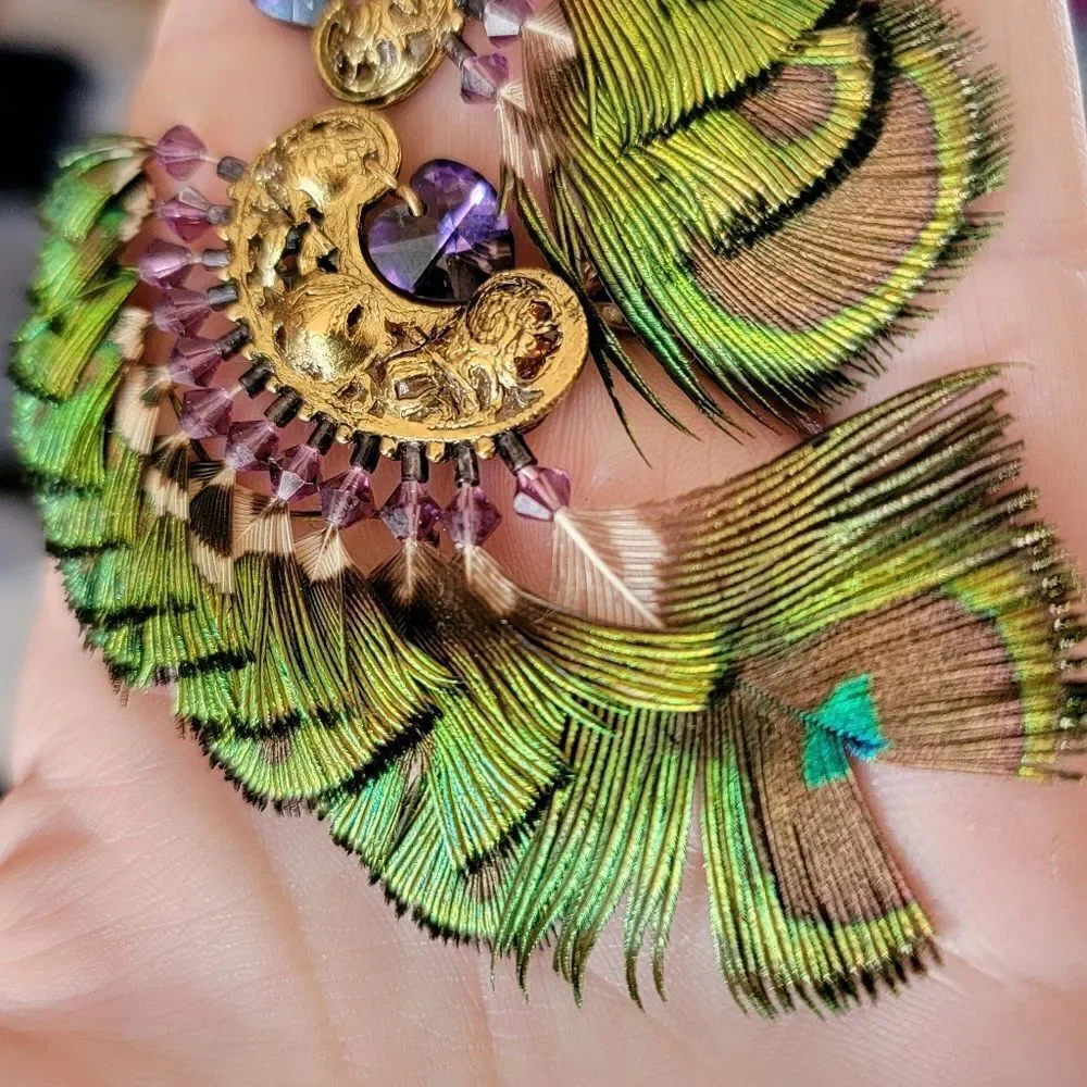 Artisan Filgree Ashlock Peacock Feather Amethyst 23k Gold Plated Earrings